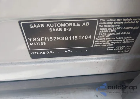 2008 Saab 9-3 Aero из США, поврежденный, VIN YS3FH52R381151764